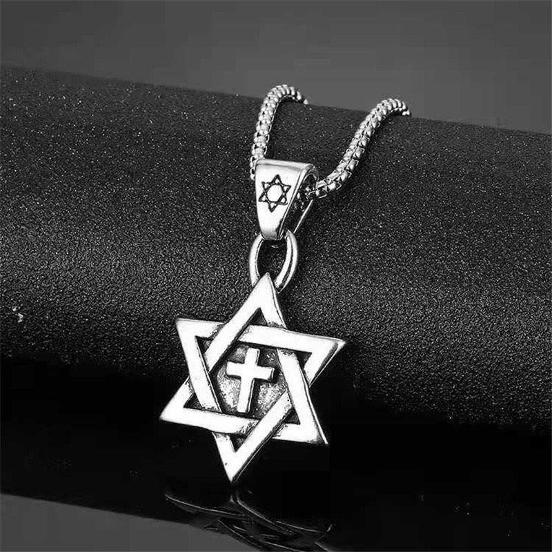 Stainless Steel Six-Pointed Star with Cross Necklace