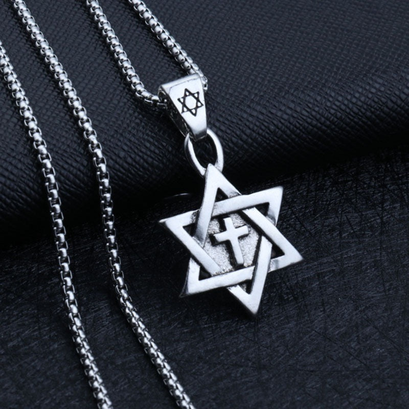 Stainless Steel Six-Pointed Star with Cross Necklace