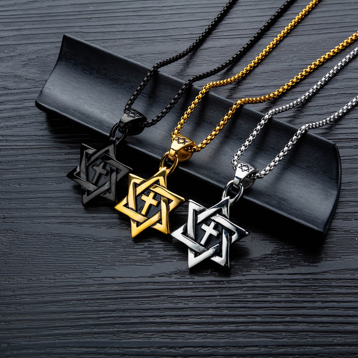 Stainless Steel Six-Pointed Star with Cross Necklace