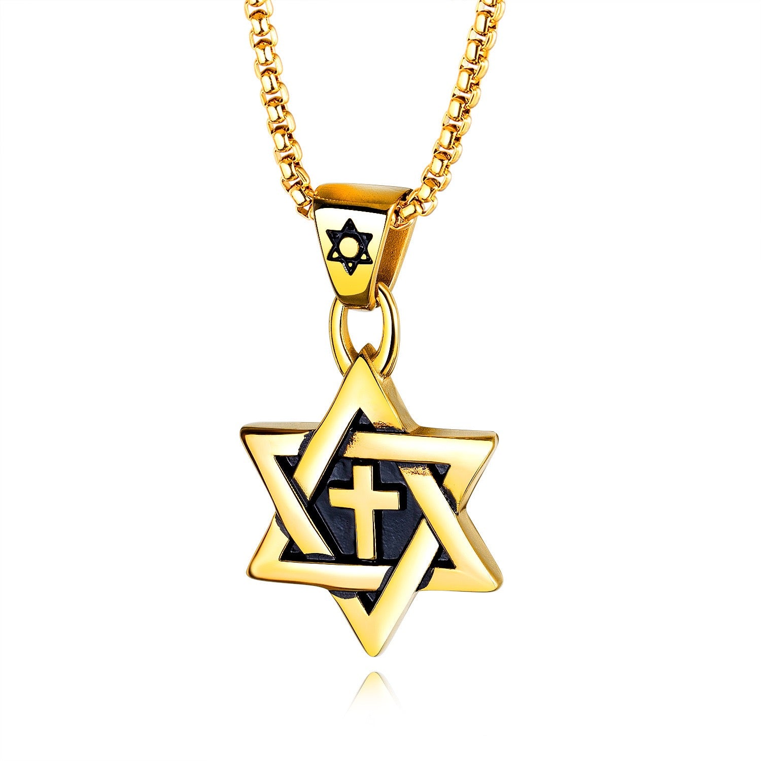 Stainless Steel Six-Pointed Star with Cross Necklace