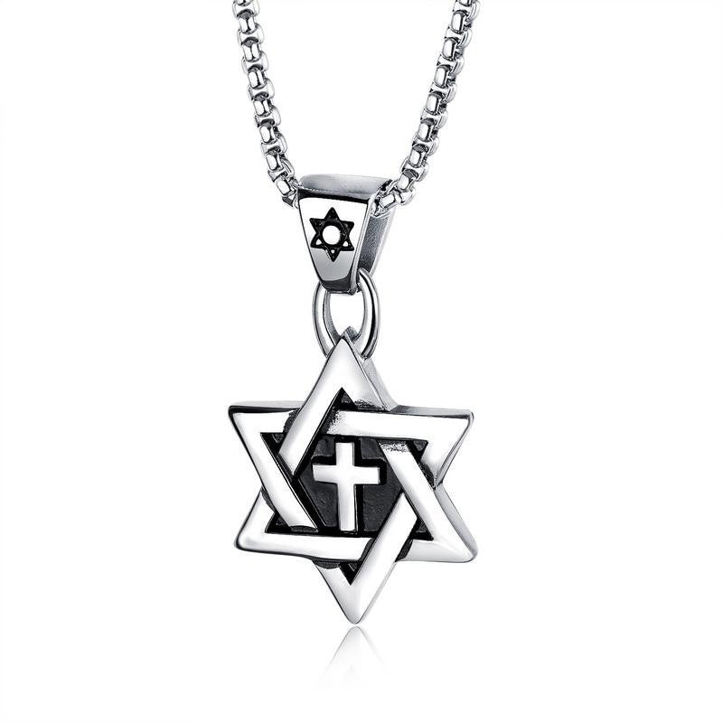 Stainless Steel Six-Pointed Star with Cross Necklace