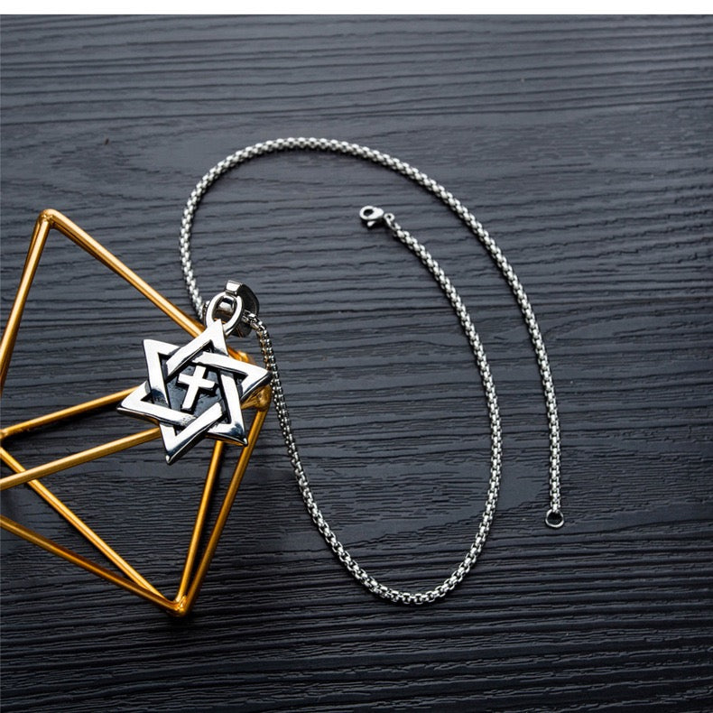 Stainless Steel Six-Pointed Star with Cross Necklace