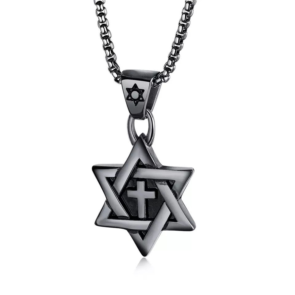 Stainless Steel Six-Pointed Star with Cross Necklace