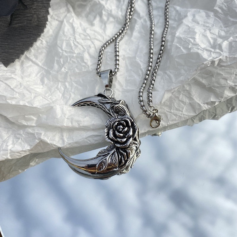 Stainless Steel Moon with Rose Necklace