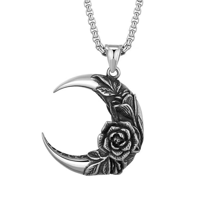 Stainless Steel Moon with Rose Necklace