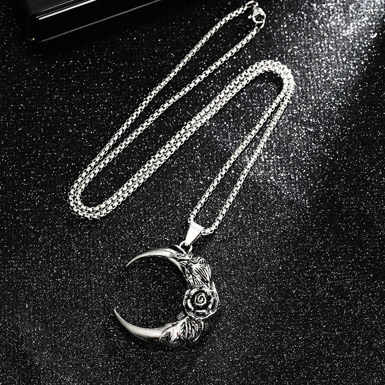 Stainless Steel Moon with Rose Necklace