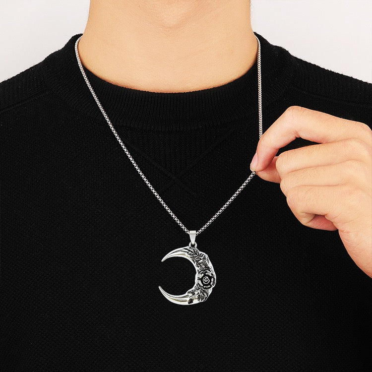 Stainless Steel Moon with Rose Necklace