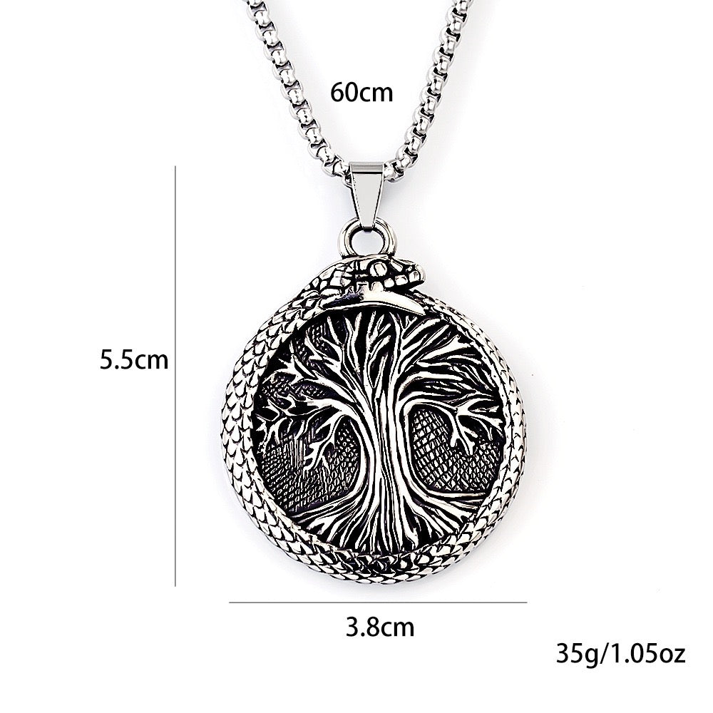 Stainless Steel Ouroboros around the Tree of Life Necklace