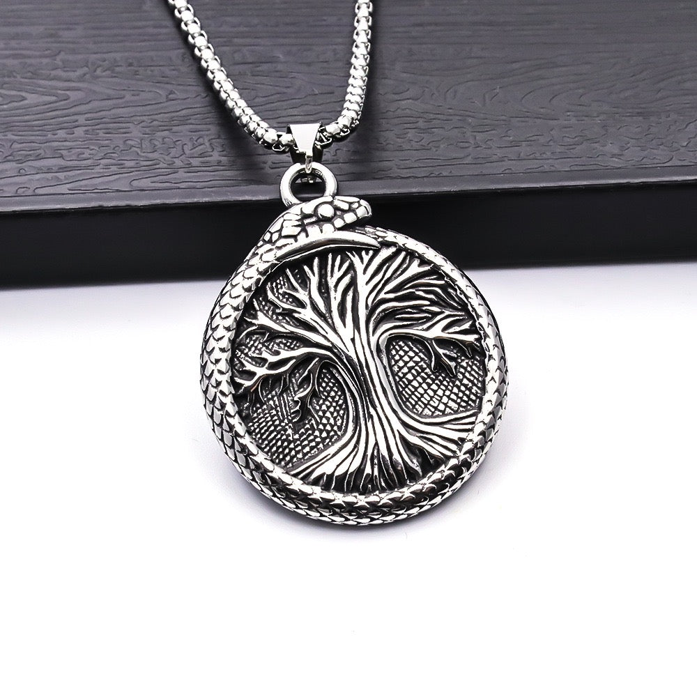 Stainless Steel Ouroboros around the Tree of Life Necklace
