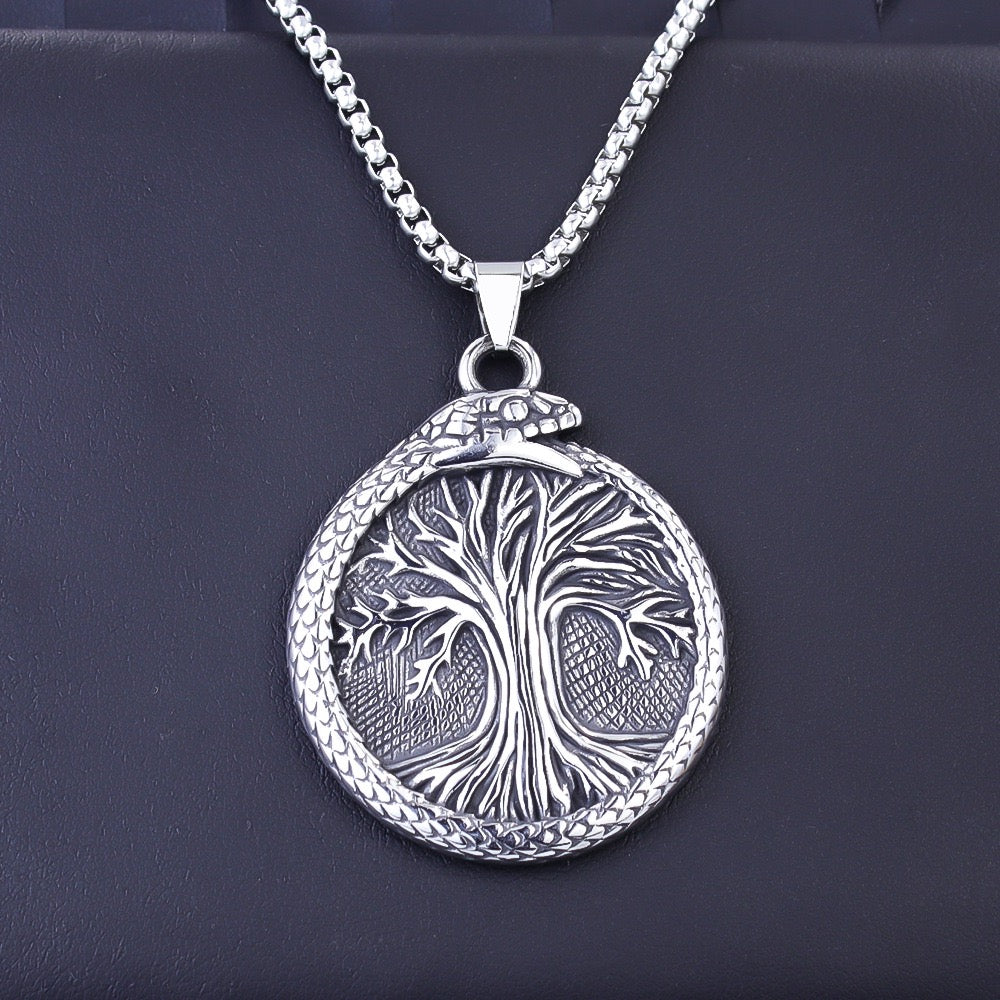 Stainless Steel Ouroboros around the Tree of Life Necklace