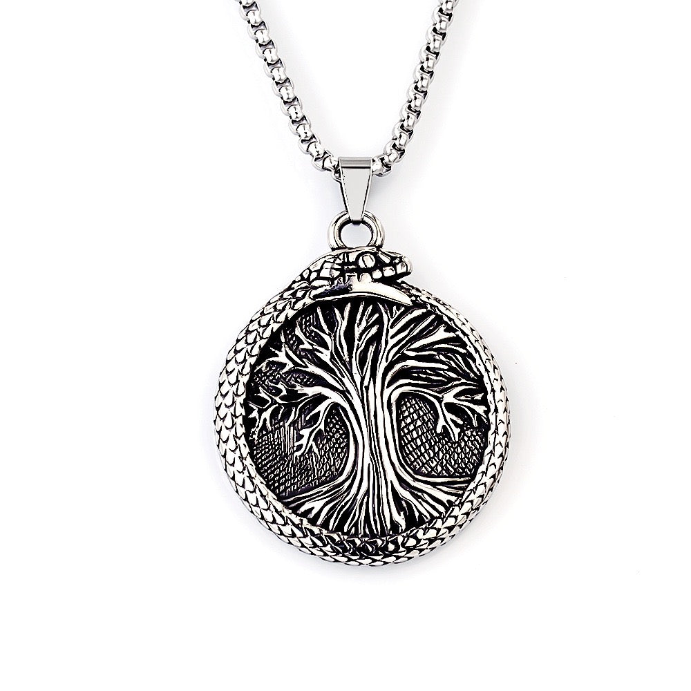 Stainless Steel Ouroboros around the Tree of Life Necklace