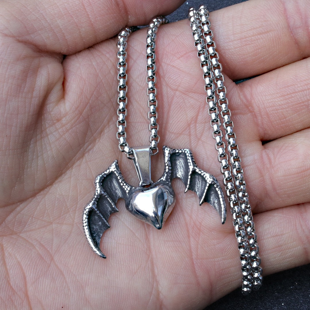 Stainless Steel Love Heart with Bat Wings Necklace