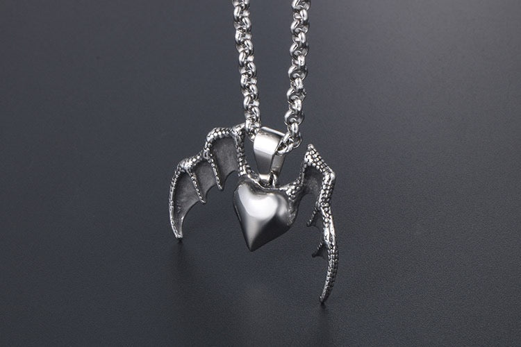 Stainless Steel Love Heart with Bat Wings Necklace