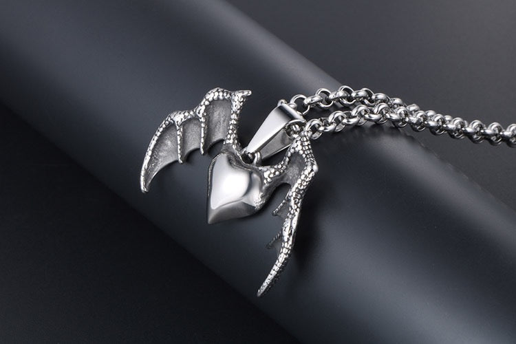 Stainless Steel Love Heart with Bat Wings Necklace
