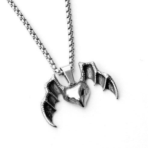 Stainless Steel Love Heart with Bat Wings Necklace