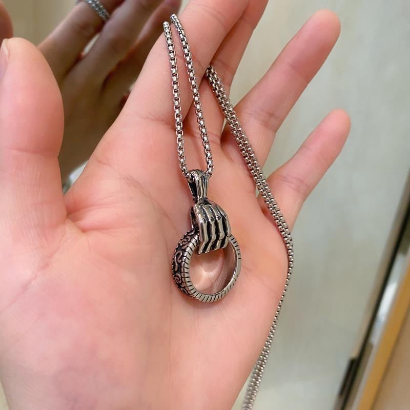 Stainless Steel Punk Skeleton Claw with Ring Necklace