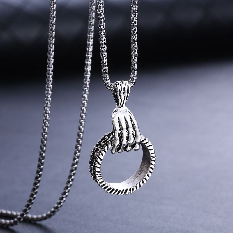 Stainless Steel Punk Skeleton Claw with Ring Necklace