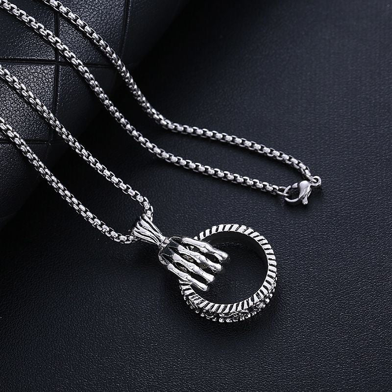 Stainless Steel Punk Skeleton Claw with Ring Necklace