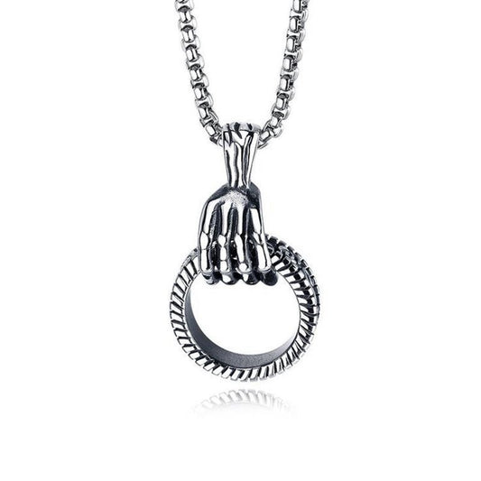 Stainless Steel Punk Skeleton Claw with Ring Necklace