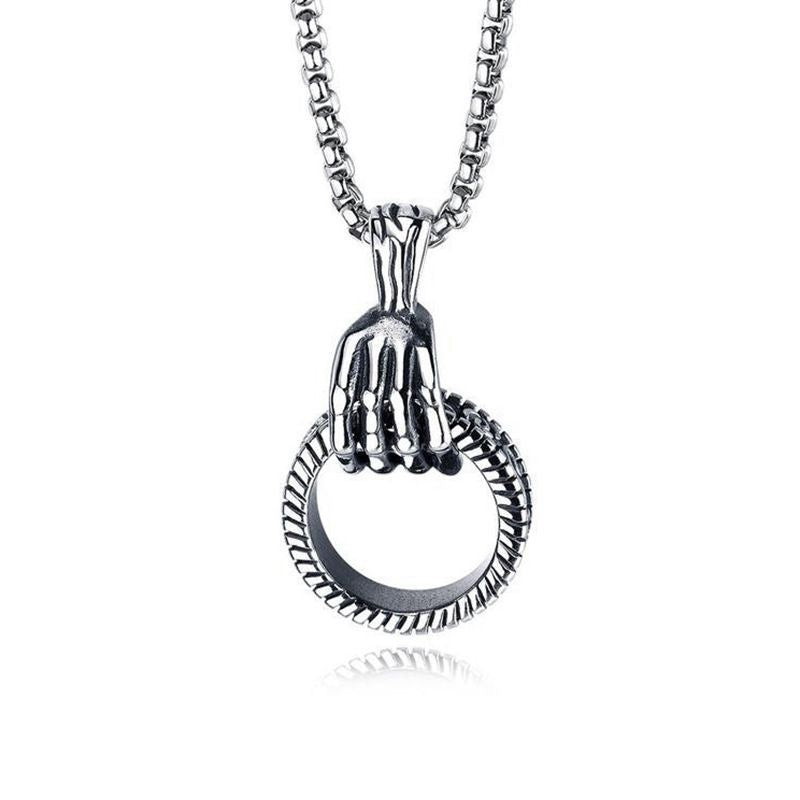 Stainless Steel Punk Skeleton Claw with Ring Necklace