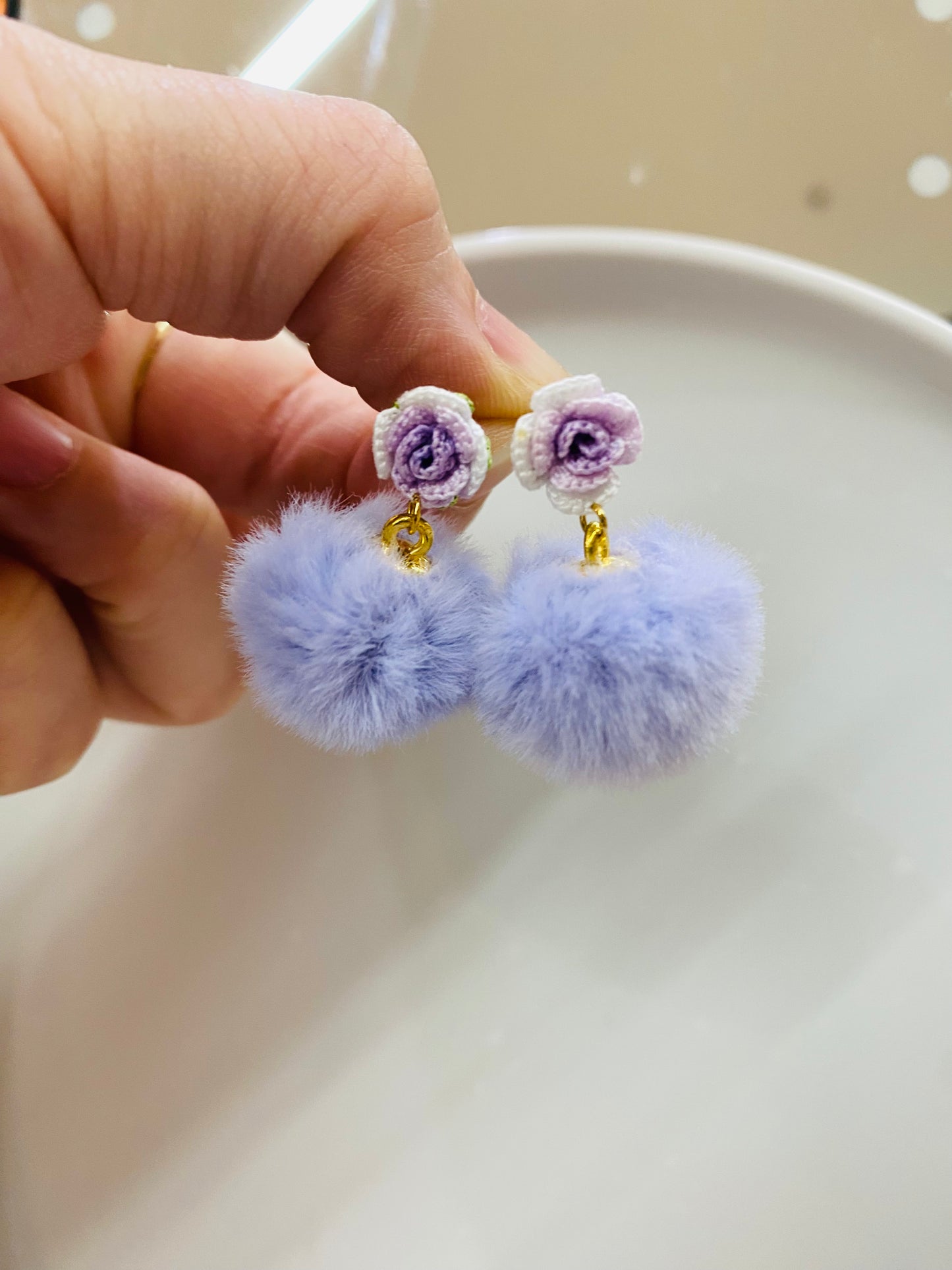 Micro Crochet Rose & Fluffy Pom Pom Earring -  Lilac Bloom