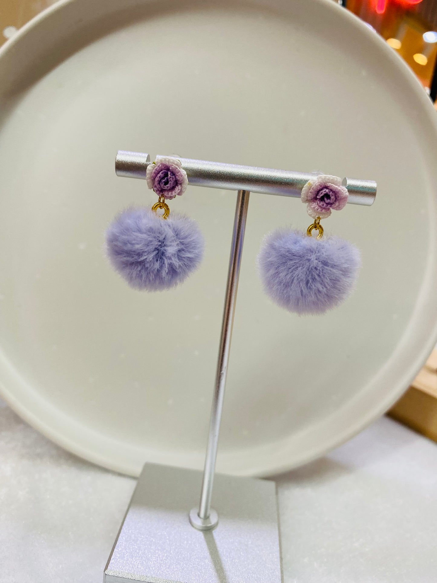 Micro Crochet Rose & Fluffy Pom Pom Earring -  Lilac Bloom