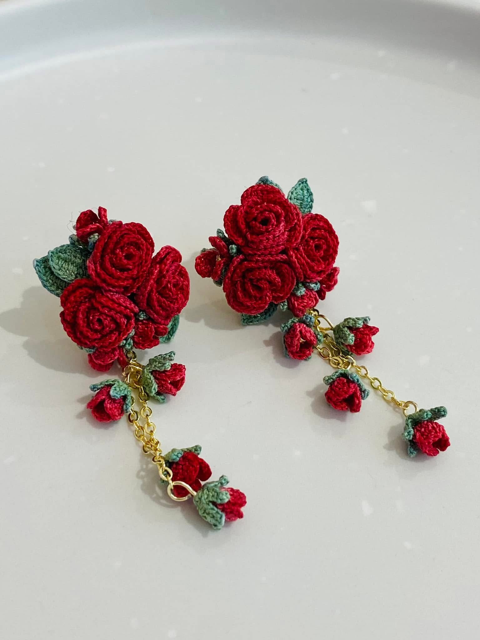 Crimson Rose Cluster Micro-Crochet Earrings