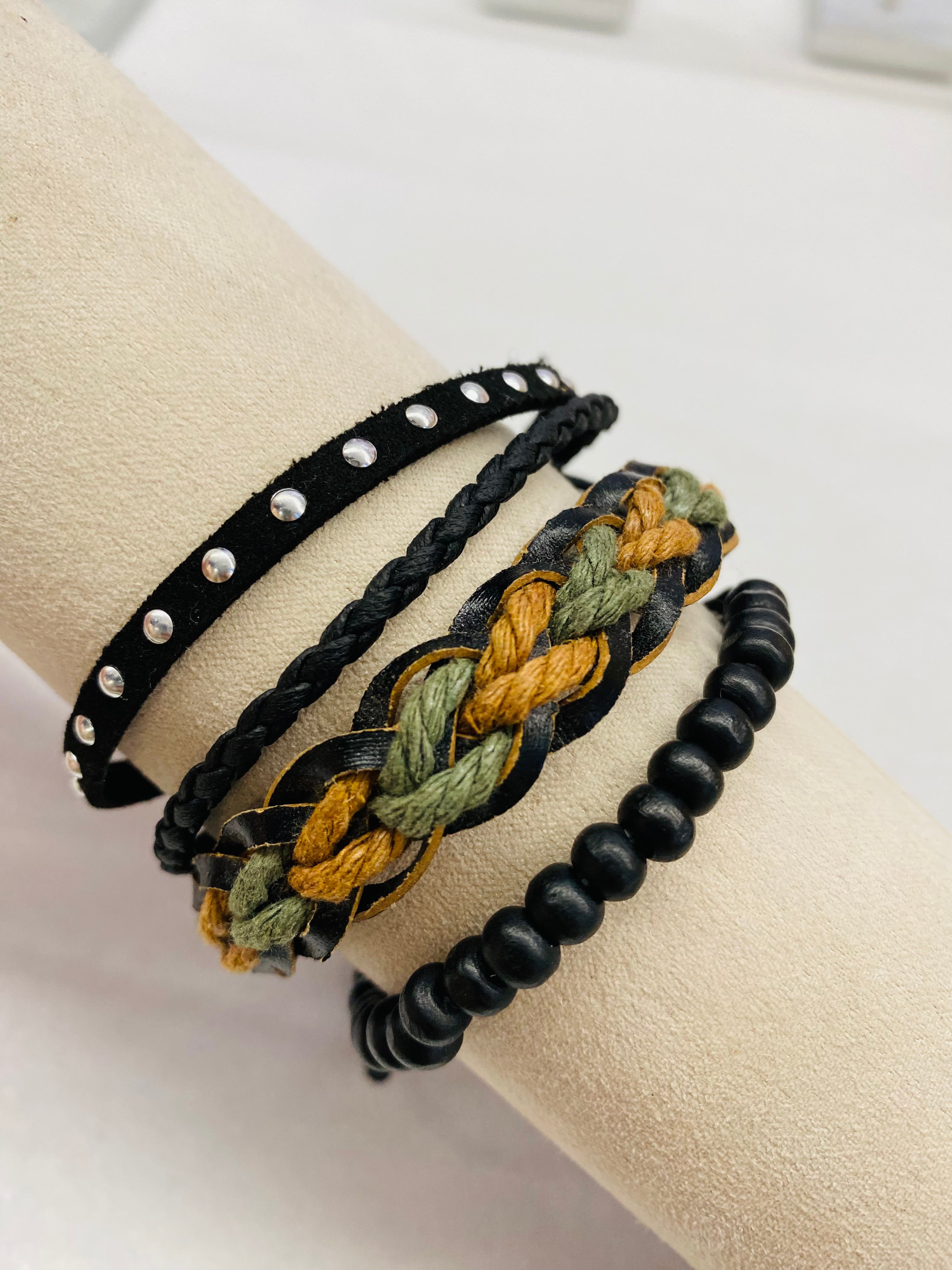 Leather Bracelet |  Braided Rope-Green and Brown Color