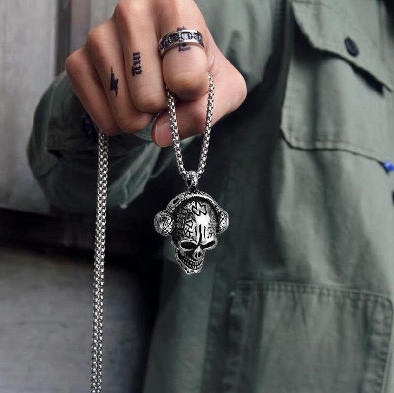 Stainless Steel Skull with headphone Necklace