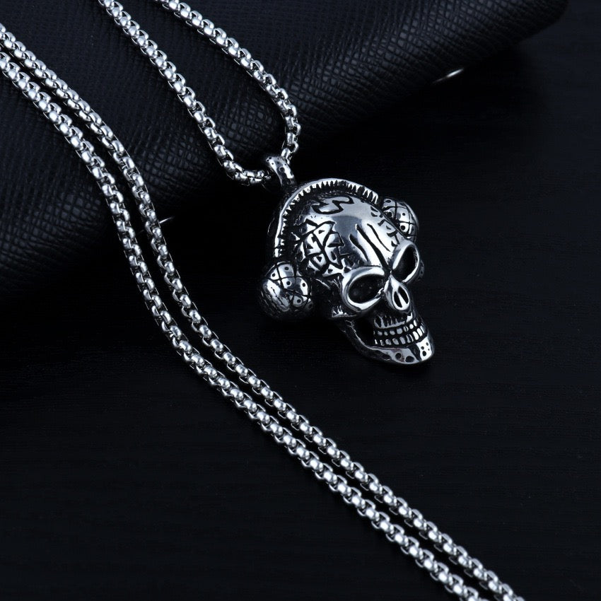 Stainless Steel Skull with headphone Necklace