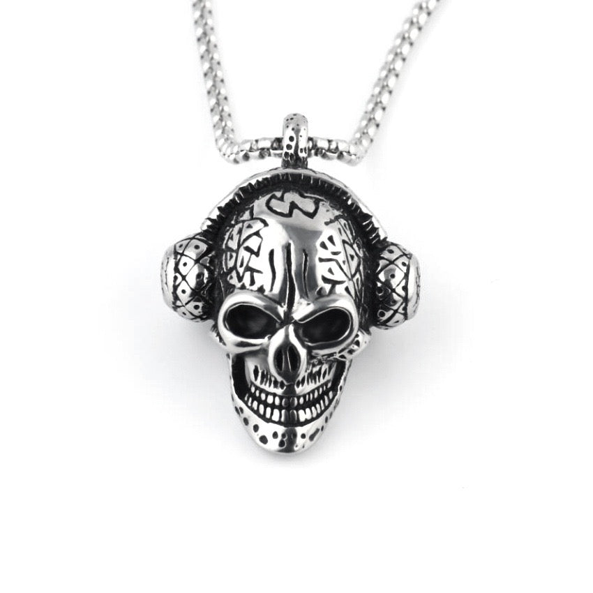 Stainless Steel Skull with headphone Necklace