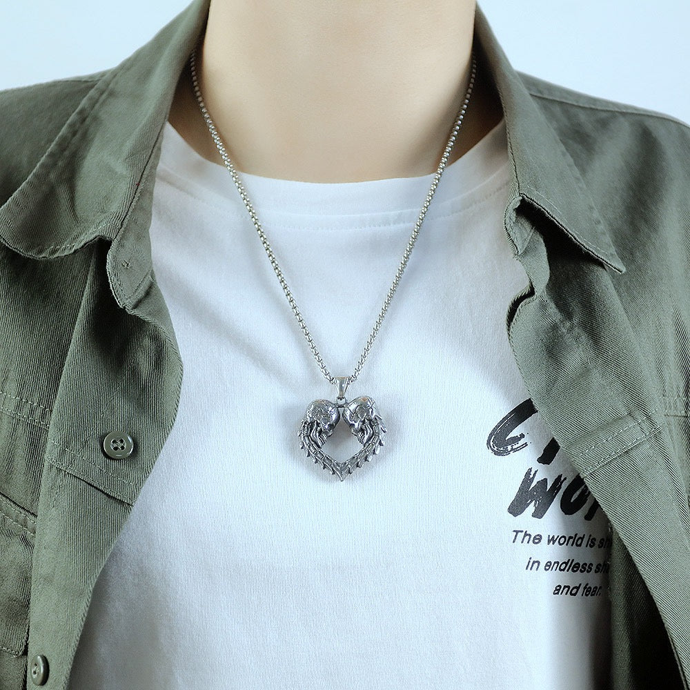 Stainless Steel Skull Love Heart Necklace