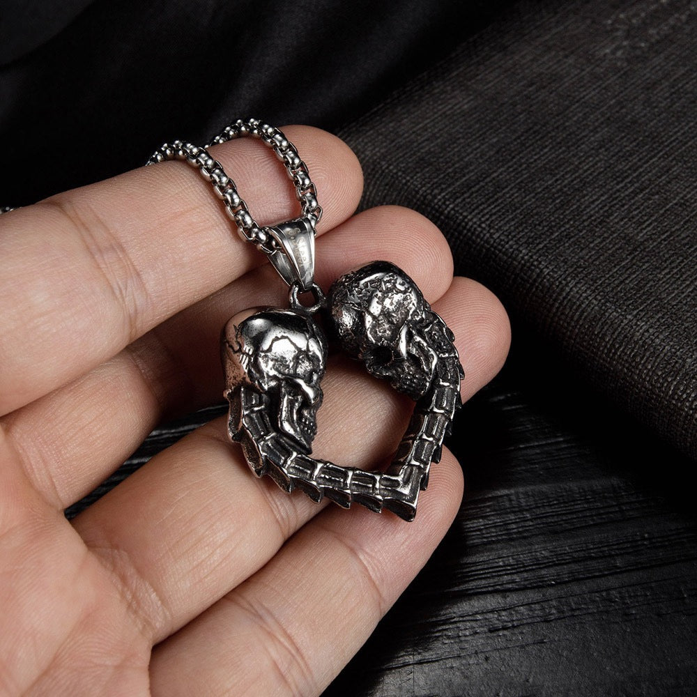 Stainless Steel Skull Love Heart Necklace
