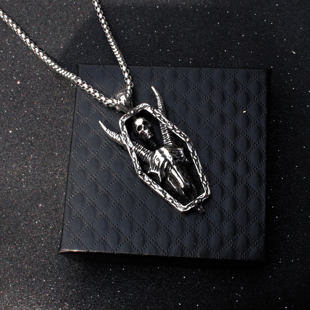 Stainless Steel Long Horned Demon Skull Necklace