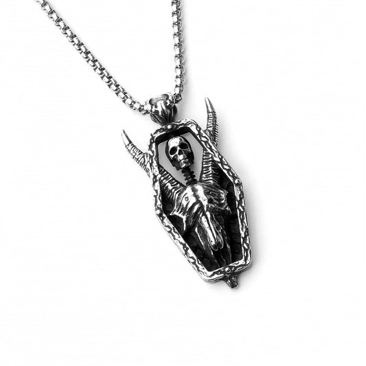 Stainless Steel Long Horned Demon Skull Necklace