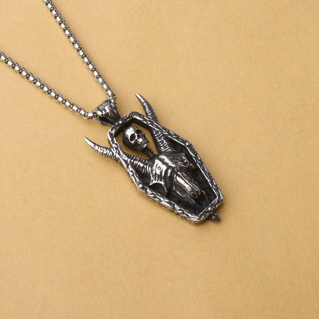 Stainless Steel Long Horned Demon Skull Necklace
