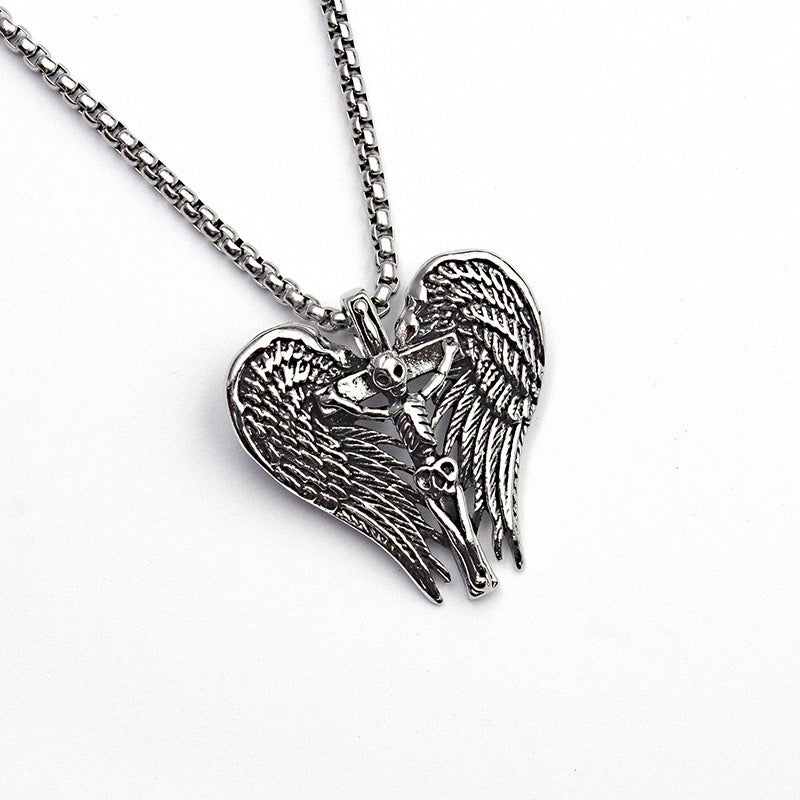 Stainless Steel Skull with Wings Necklace