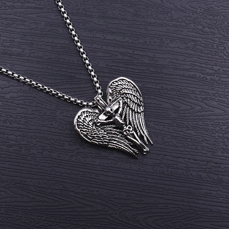 Stainless Steel Skull with Wings Necklace