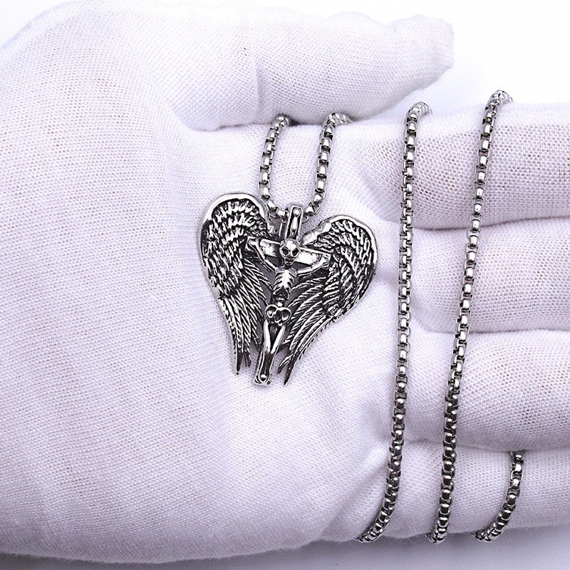Stainless Steel Skull with Wings Necklace