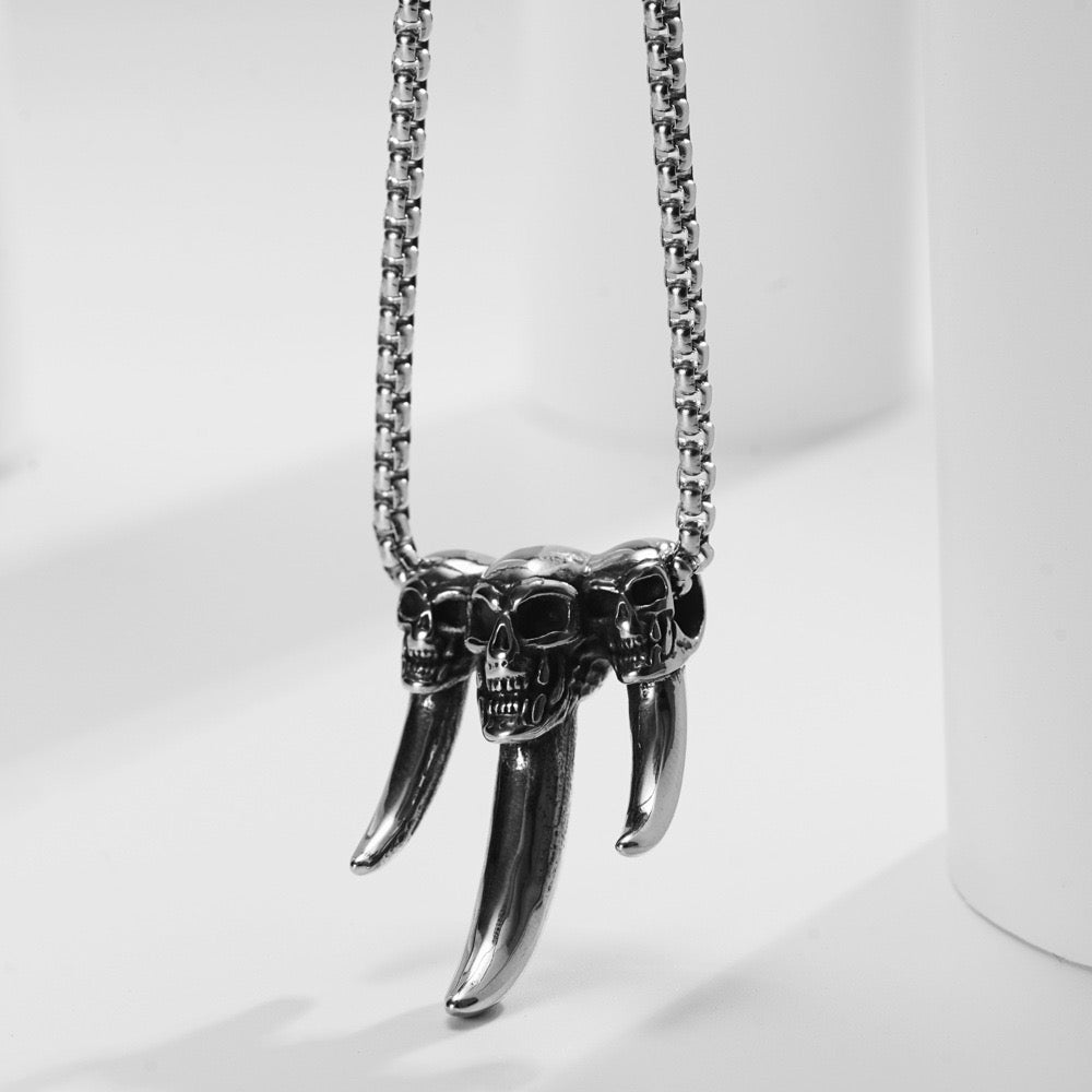 Stainless Steel Skull with Wolf Fang Necklace