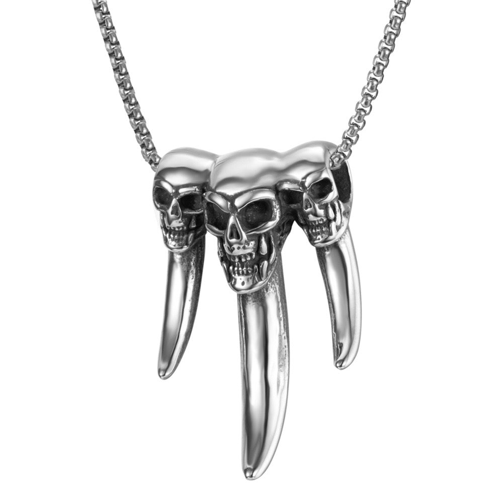 Stainless Steel Skull with Wolf Fang Necklace