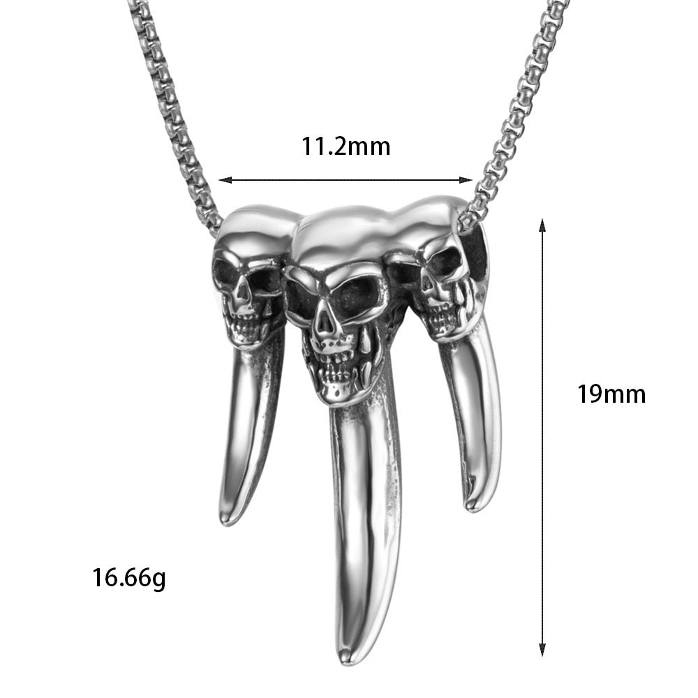 Stainless Steel Skull with Wolf Fang Necklace