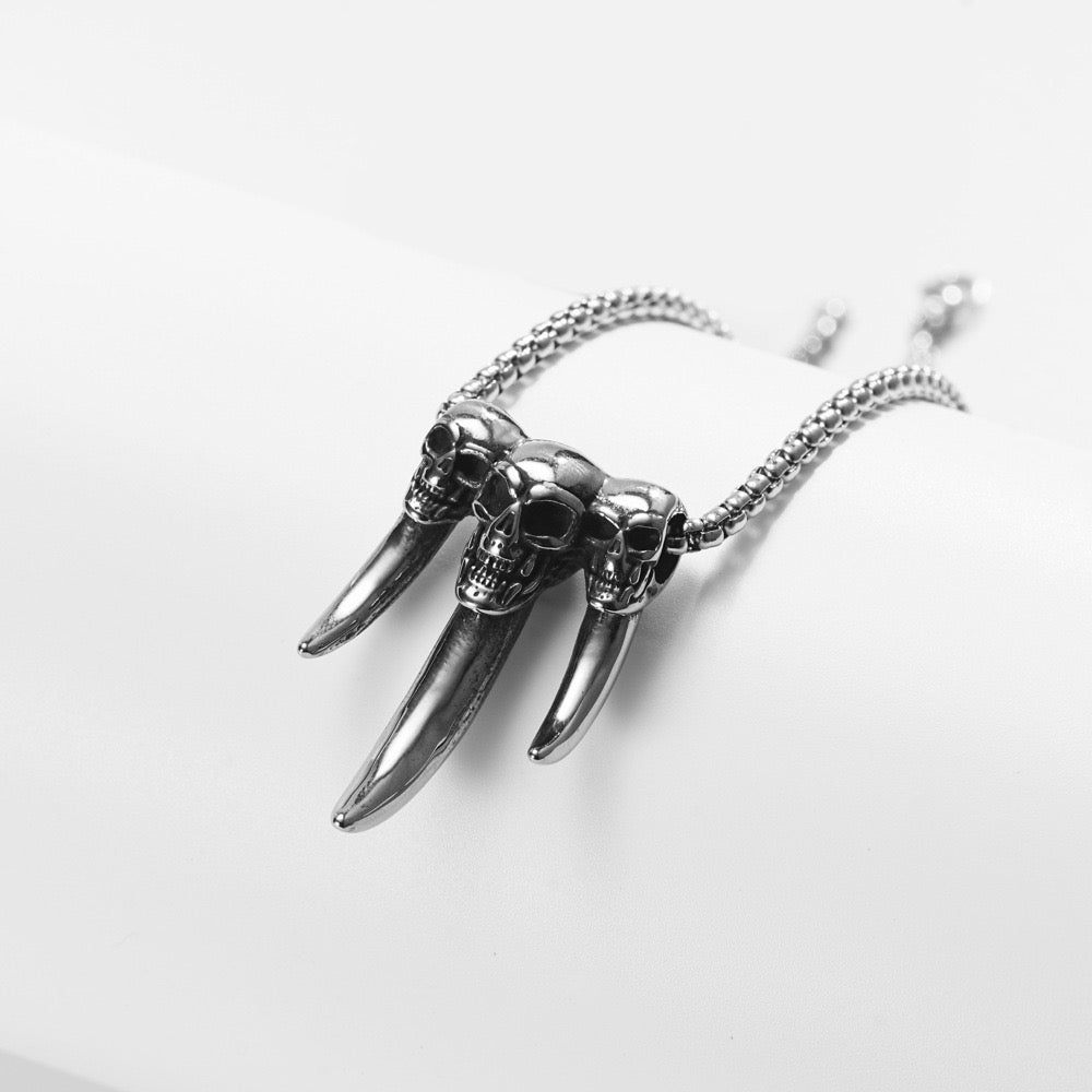 Stainless Steel Skull with Wolf Fang Necklace