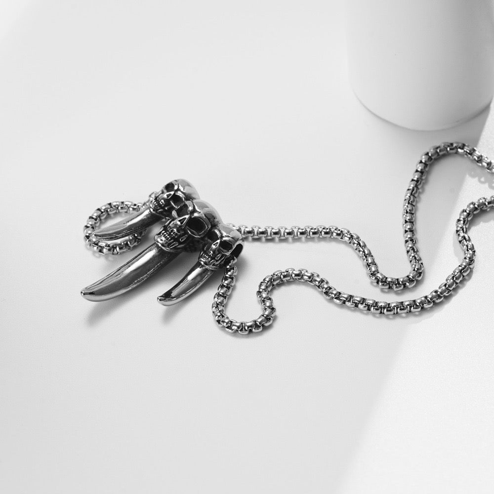 Stainless Steel Skull with Wolf Fang Necklace