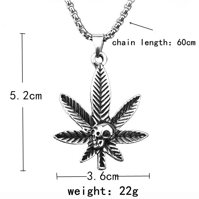 Stainless Steel Skull with Leaf Necklace