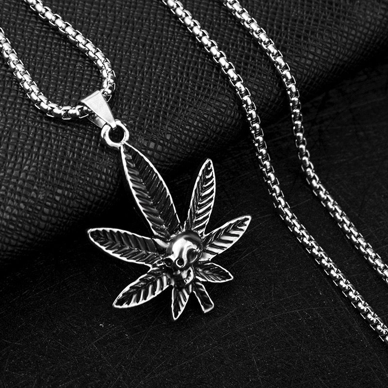 Stainless Steel Skull with Leaf Necklace