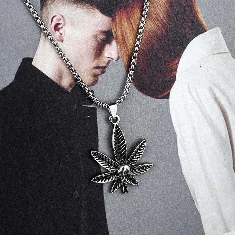 Stainless Steel Skull with Leaf Necklace