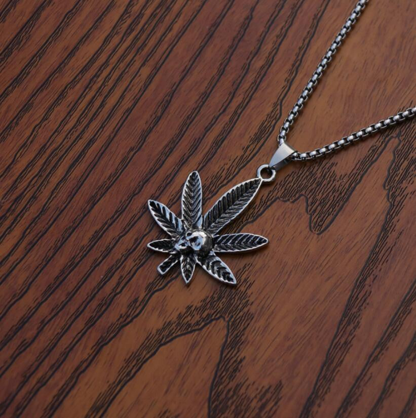 Stainless Steel Skull with Leaf Necklace