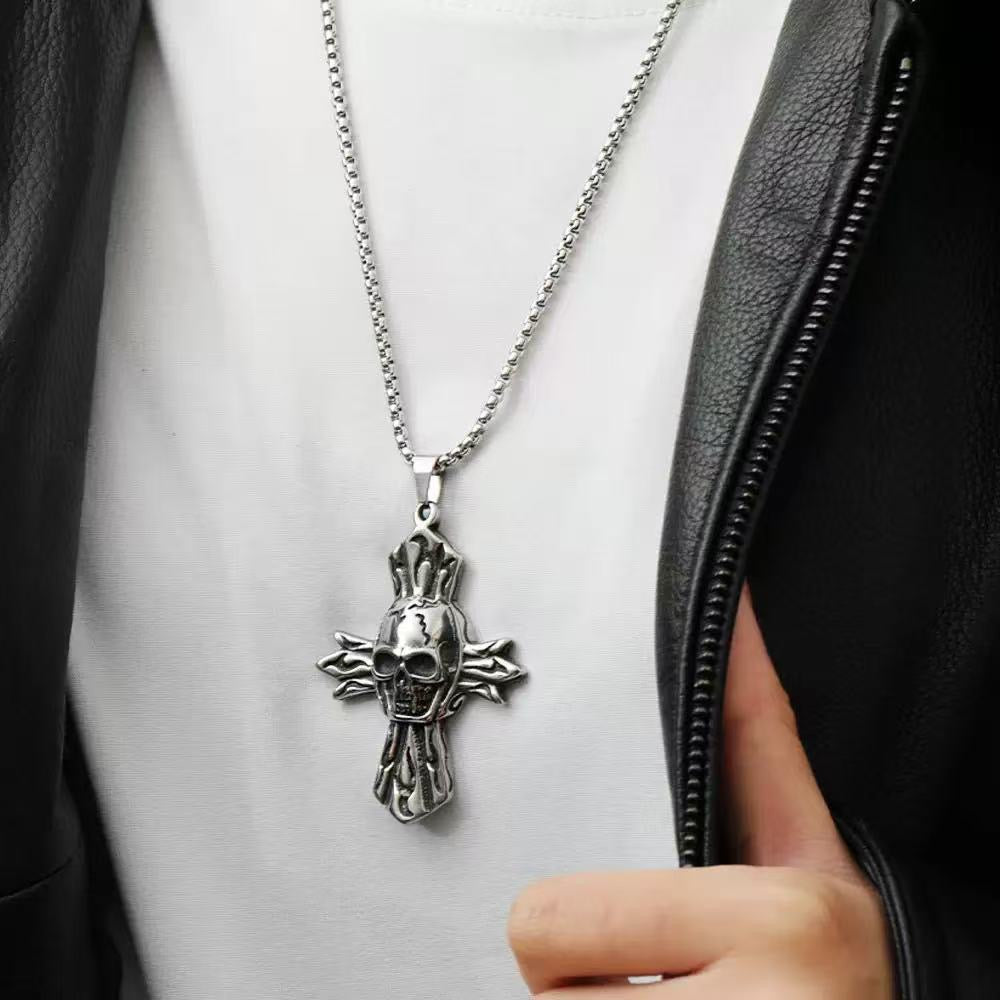 Stainless Steel Vintage European Skull Cross Necklace