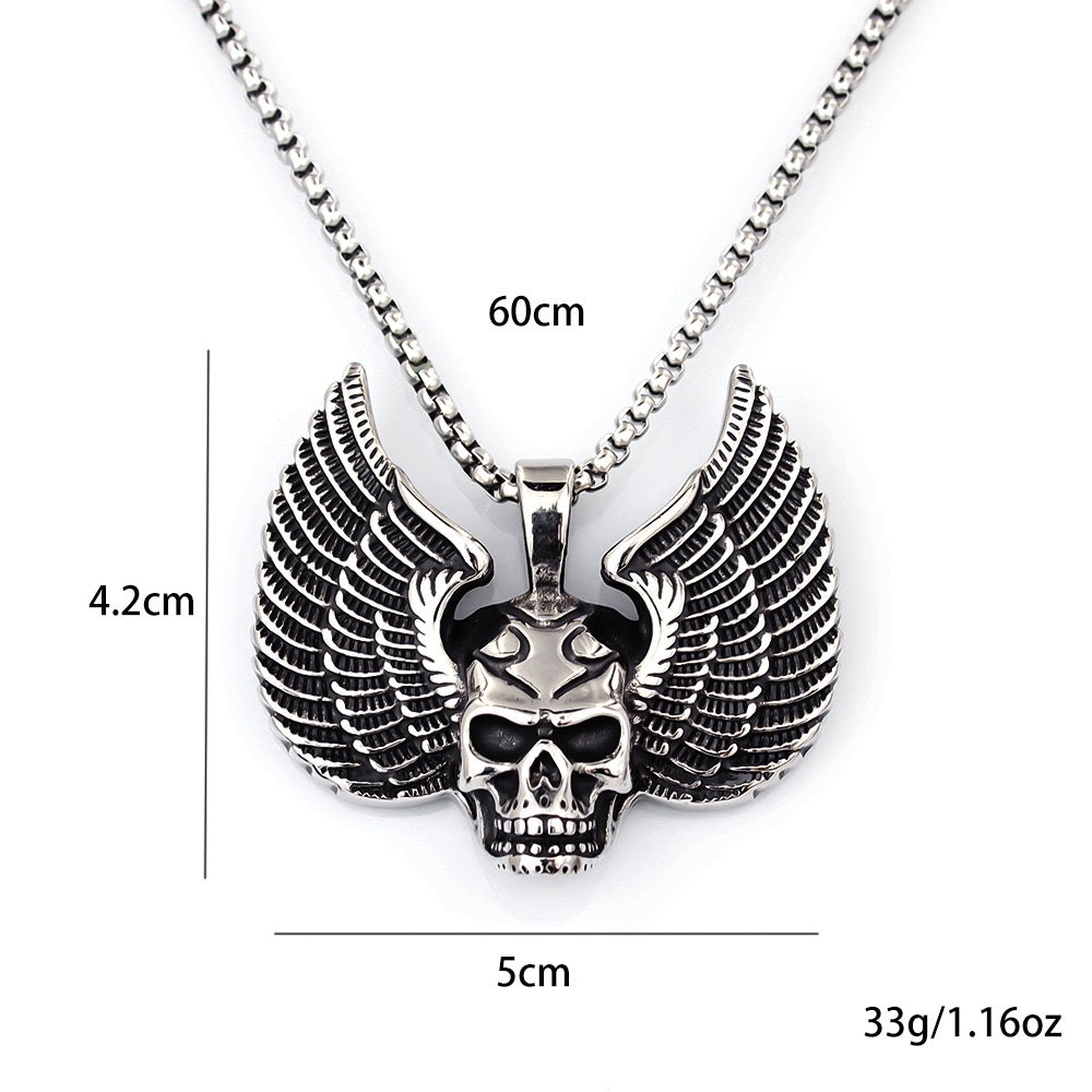 Stainless Steel Skull with Demon Wings Necklace